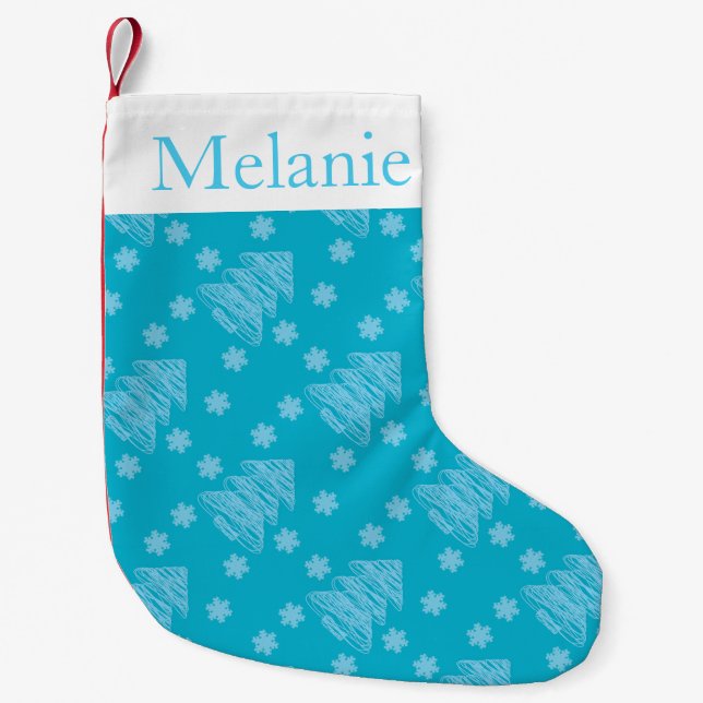 Modern Blue Christmas Tree Pattern Personalised Small Christmas Stocking (Front)