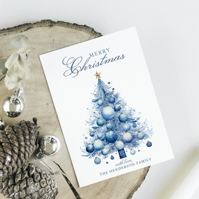 Modern Blue Christmas Tree Watercolor Custom Name Holiday Postcard (Creator Uploaded)