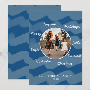 Modern Blue Christmas Wishes Family Photo  Holiday Card