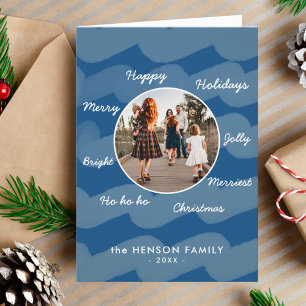Modern Blue Christmas Wishes Family Photo Holiday Card