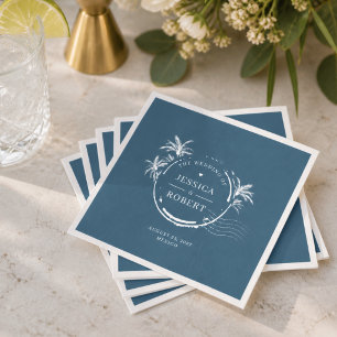 Modern Blue Coastal Stamp Wedding Napkin