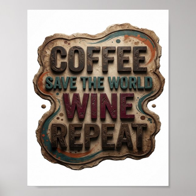 Modern Blue COFFEE SAVE THE WORLD WINE REPEAT Poster (Front)