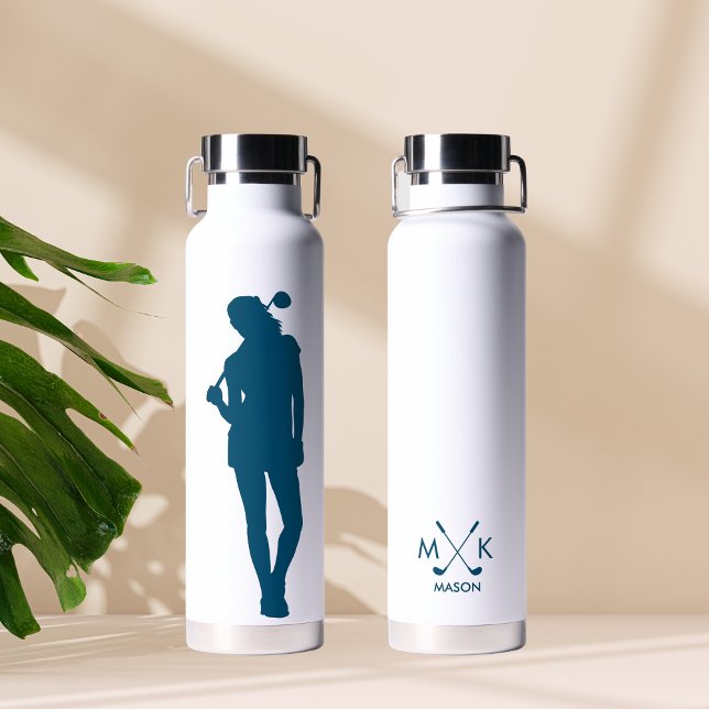 Modern Blue Colour Female Golfer Monogram Water Bottle (Creator Uploaded)