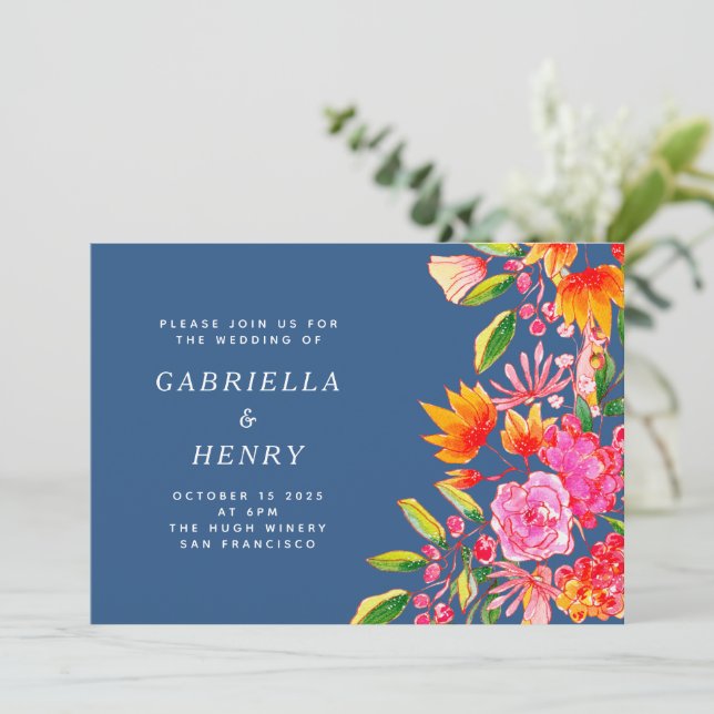 Modern Blue Colourful Floral Garden Wedding Invitation (Standing Front)
