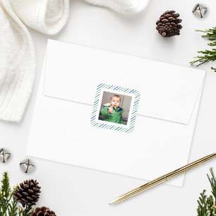 Modern Blue Colourful Stripes Holiday Photo Square Sticker