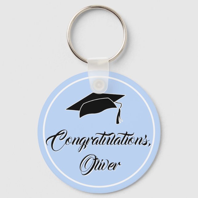 Modern Blue Congratulations Script Graduation Key Ring (Front)