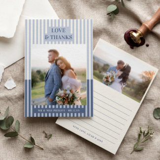 Modern Blue Cream Stripes Wedding Photo Thank You Card