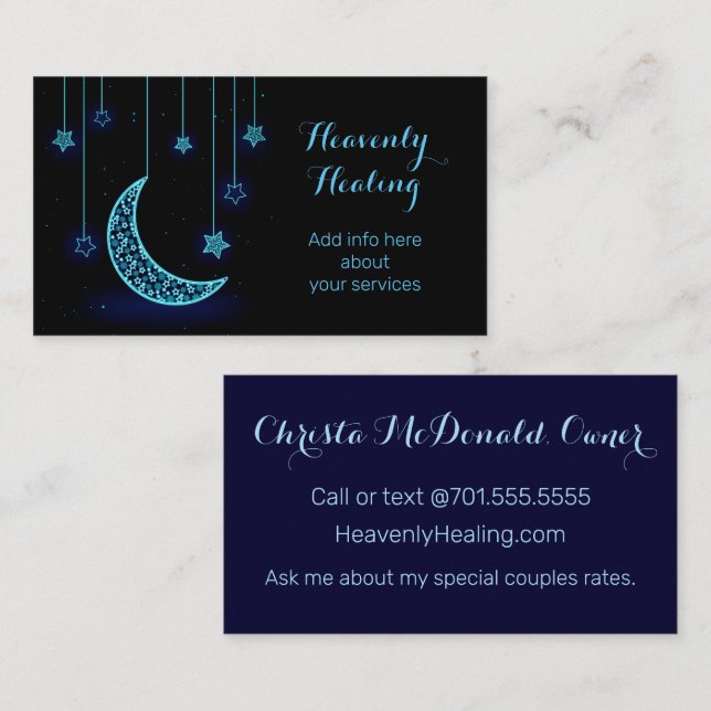 Modern Blue Crescent Moon and Stars Business Card (Front/Back)