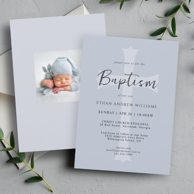 Modern Blue Cross Baby Baptism with Photo Invitation (This contemporary styled baptism invitation may be ordered as printed or digital download!)