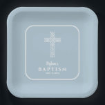 Modern Blue Cross Communion Baptism Christening Paper Plate<br><div class="desc">Paper plates with an open weave white cross on an elegant baby blue background are ideal for your child's First Communion,  Christening,  Baptism,  Confirmation or Dedication party or reception. MATCHING invitations and more in our collection.</div>