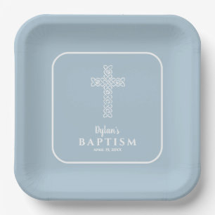 Modern Blue Cross Communion Baptism Christening Paper Plate
