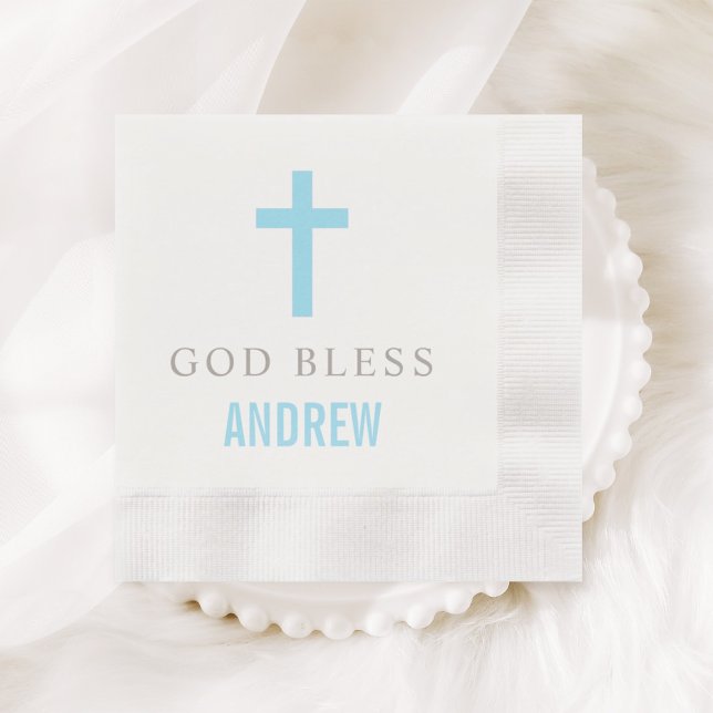 Modern Blue Cross God Bless Baby Boy Baptism Napkin (Creator Uploaded)