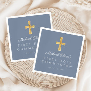Modern Blue Cross Religious Boy First Communion Napkin
