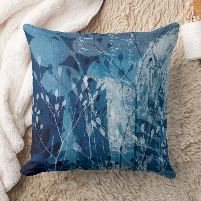 Modern Blue Cyanotype Botancial Foliage  Cushion (Blanket)