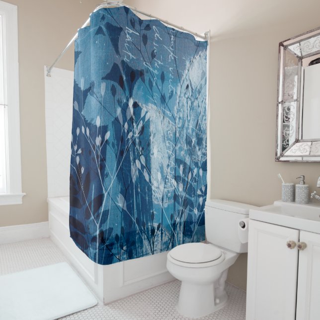 Modern Blue Cyanotype Botancial Foliage  Shower Curtain (In Situ)