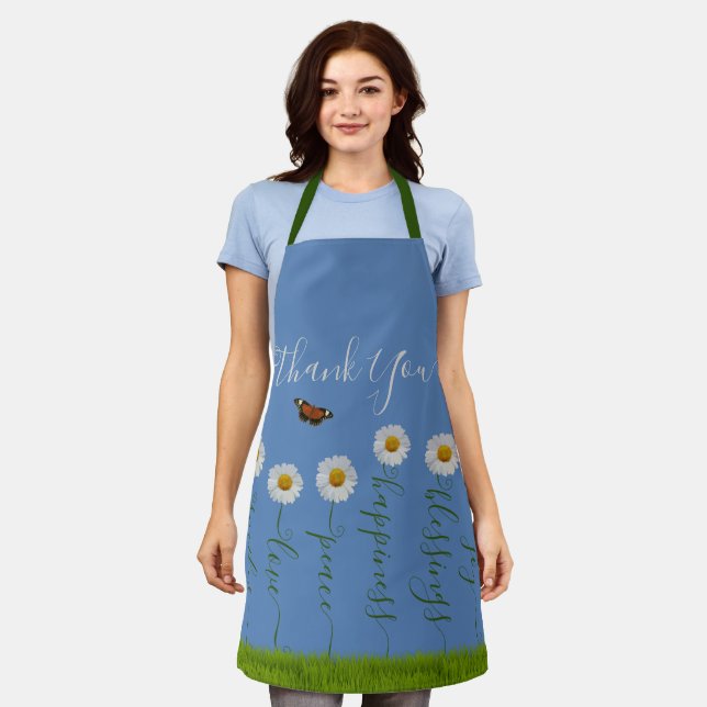 Modern Blue Daisy Floral Thank You Typography Apron (Worn)