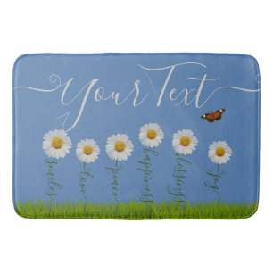 Modern Blue Daisy Floral Thank You Typography Bath Mat