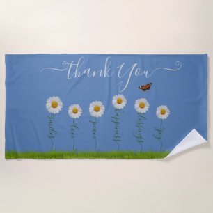 Modern Blue Daisy Floral Thank You Typography Beach Towel