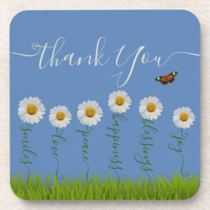 Modern Blue Daisy Floral Thank You Typography Coaster