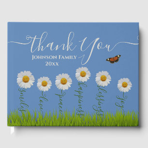 Modern Blue Daisy Floral Thank You Typography Guest Book