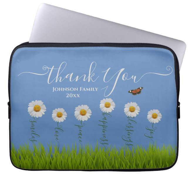 Modern Blue Daisy Floral Thank You Typography  Laptop Sleeve (Front)