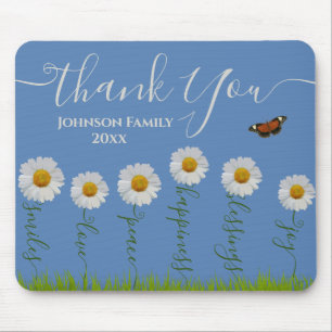 Modern Blue Daisy Floral Thank You Typography Mouse Pad