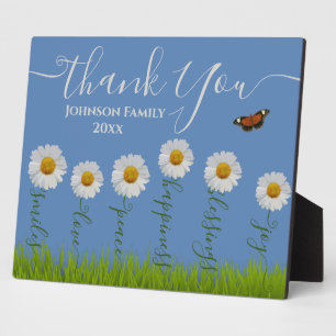 Modern Blue Daisy Floral Thank You Typography  Plaque