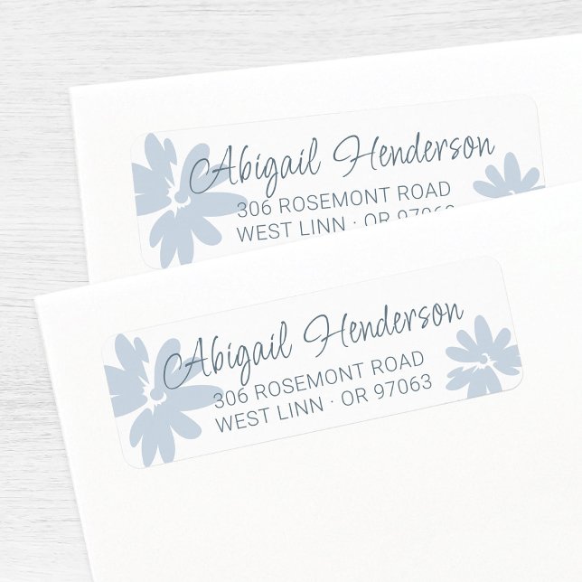 Modern Blue Daisy Flowers Return Address Label (Modern elegant script name return address label template with pastel blue floral background.)