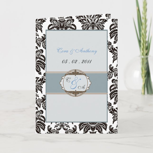 Modern Blue Damask wedding thank you card (Front)
