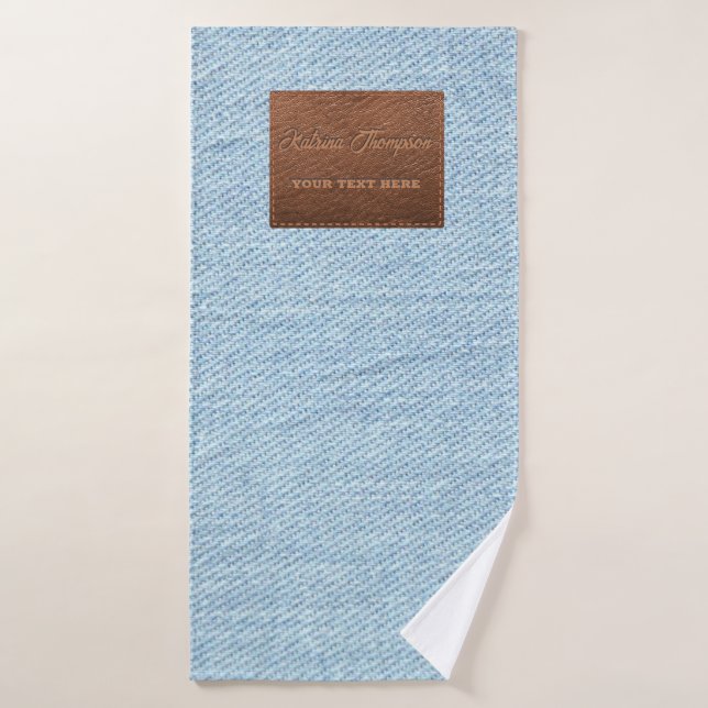 Modern Blue Denim Jeans Texture Leather Patch Bath Towel (Bath Towel)