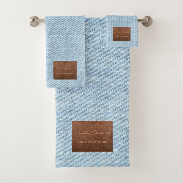 Modern Blue Denim Jeans Texture Leather Patch Bath Towel Set (Insitu)