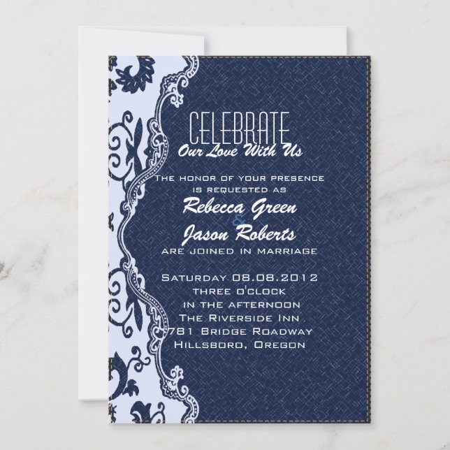 modern blue denim lace Floral country wedding Invitation (Front)