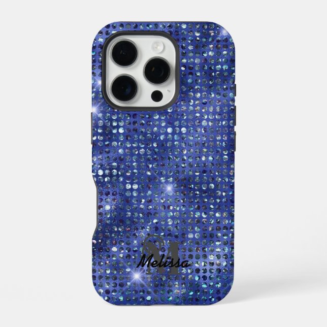 Modern Blue Diamond Studded Pattern Monogram  iPhone Case (Back)