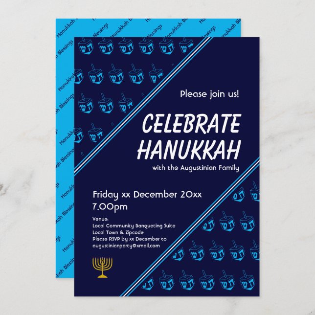 Modern Blue DREIDEL Custom CELEBRATE HANUKKAH Invitation (Front/Back)
