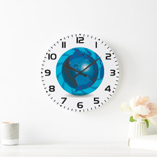 Modern Blue Earth Globe World Map Large Clock