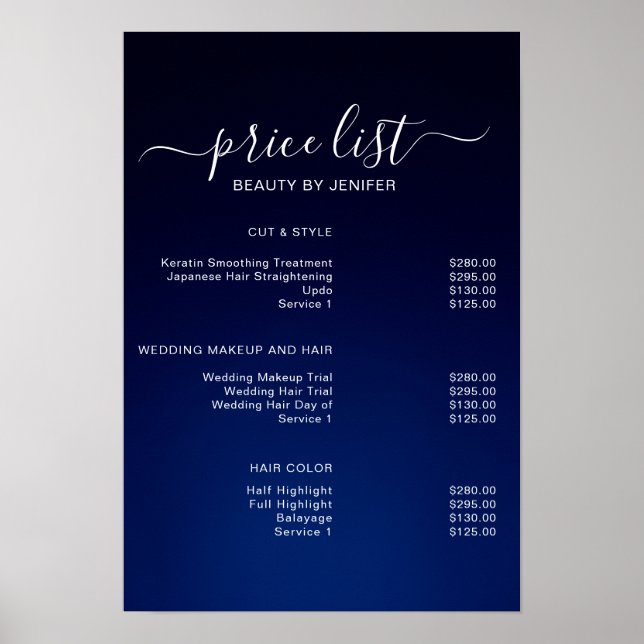 Modern Blue Elegant Beauty salon price list Poster (Front)