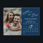 Modern Blue Elegant Script Photo Save the Date Announcement Postcard<br><div class="desc">Modern Blue | Cerulean background Elegant Script ‘Save the Date’ Announcement Postcard featuring Custom Calendar with a beautiful Photo. Let your family, friends and colleagues know that you have set a date for your wedding celebration with this elegant card. To move the Ring marker > click blue ‘Personalise’ > click...</div>
