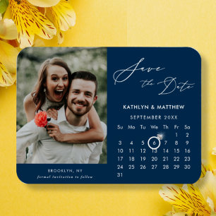 Modern Blue Elegant Script Photo Save the Date Magnet