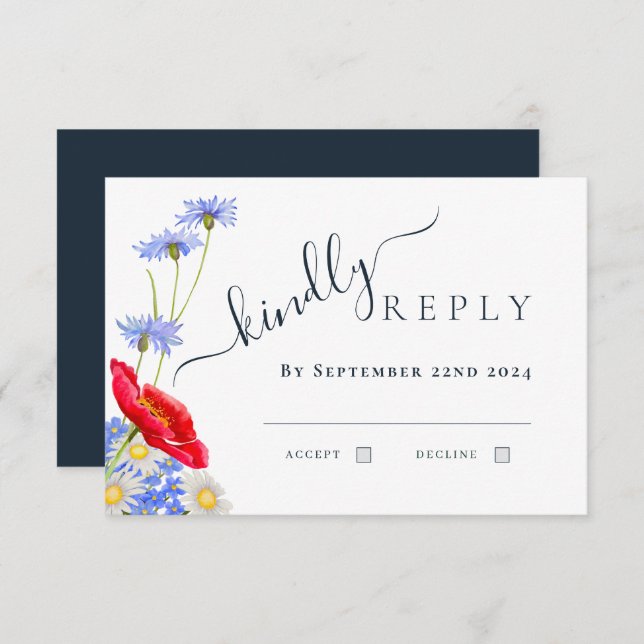 Modern Blue Elegant Summer Floral Wedding RSVP Card (Front/Back)
