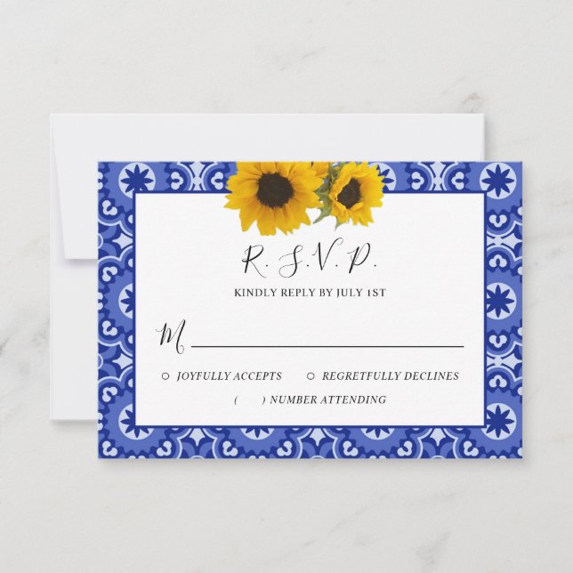 Modern Blue Elegant Vintage Sunflower Wedding RSVP Card (Front)