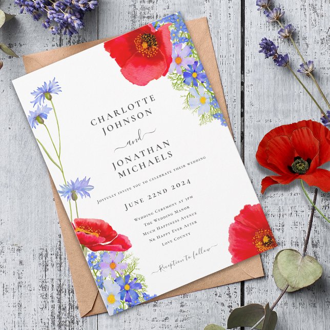 Modern Blue Elegant Wildflower Wedding Invitation (Colorful wildflower boho chic wedding invitation )