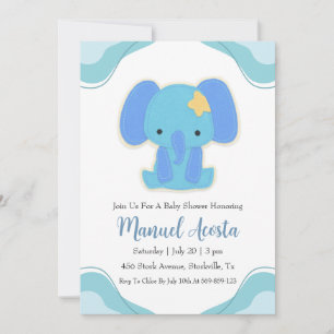 modern blue elephant baby shower invitations