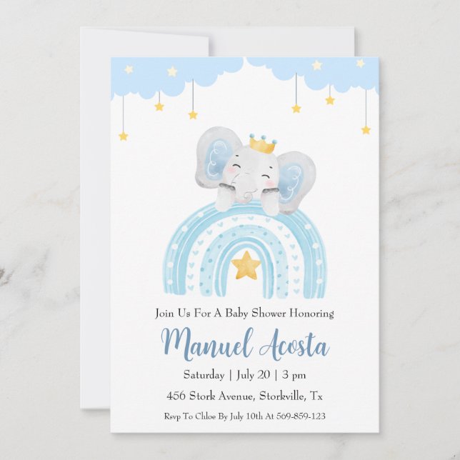 modern blue elephant baby shower invitations (Front)