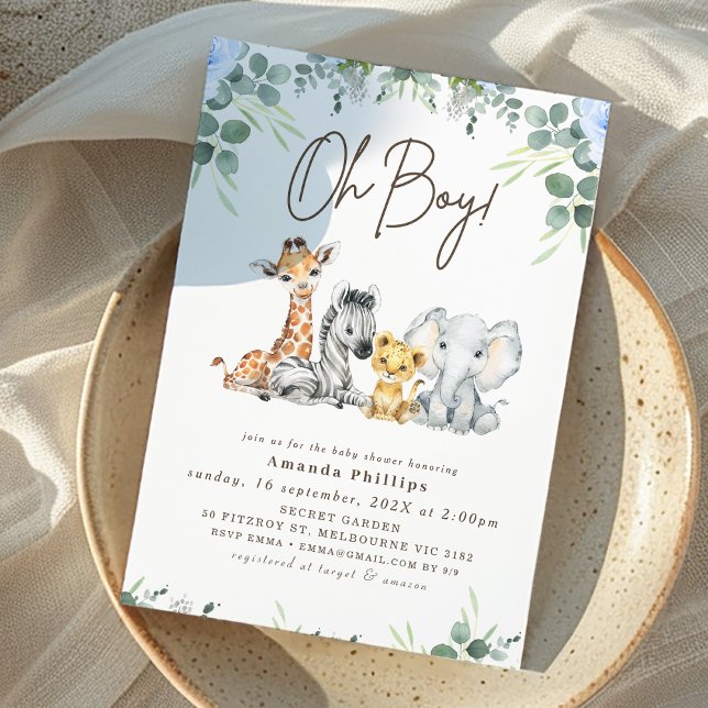 Modern Blue Eucalyptus Foliage Safari Baby Shower Invitation (Boys Blue Floral and Foliage Safari Baby Shower Invitation, Jungle Animals Baby Shower Invitation)