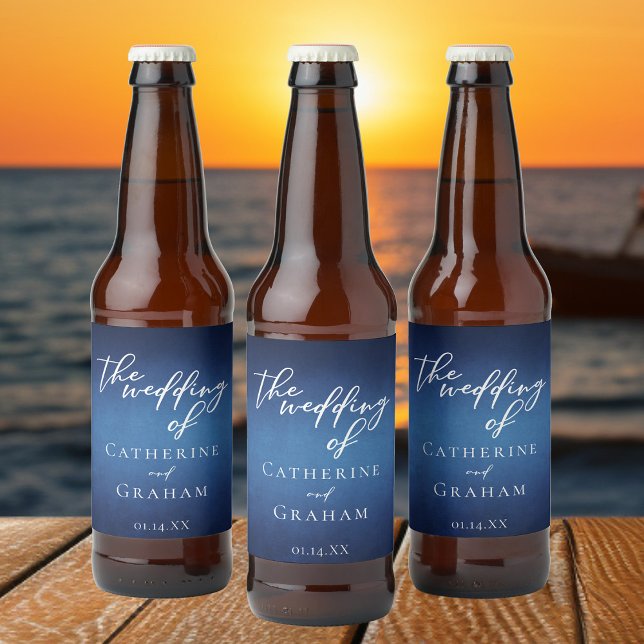 Modern Blue Evening Wedding Customisable Mini Beer Bottle Label (Creator Uploaded)