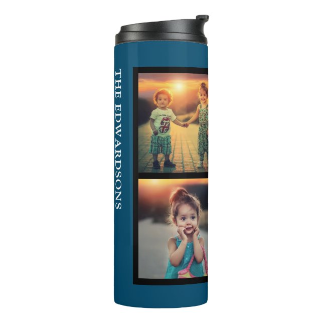 Modern blue family 4 photo collage family name thermal tumbler (Rotated Left)