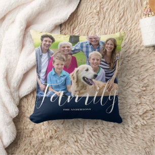 Modern Blue Family Photo Name Cushion