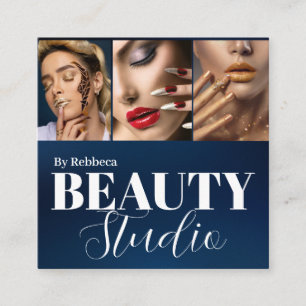 Modern blue fashion stylist signature 3 photo square business card