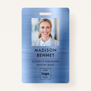 Modern Blue Faux Metallic Corporate Photo ID Badge