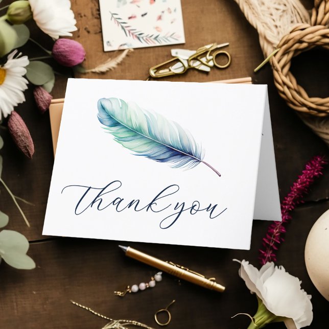 Modern Blue Feather Watercolor Birthday Thank You Card (Creator Uploaded)